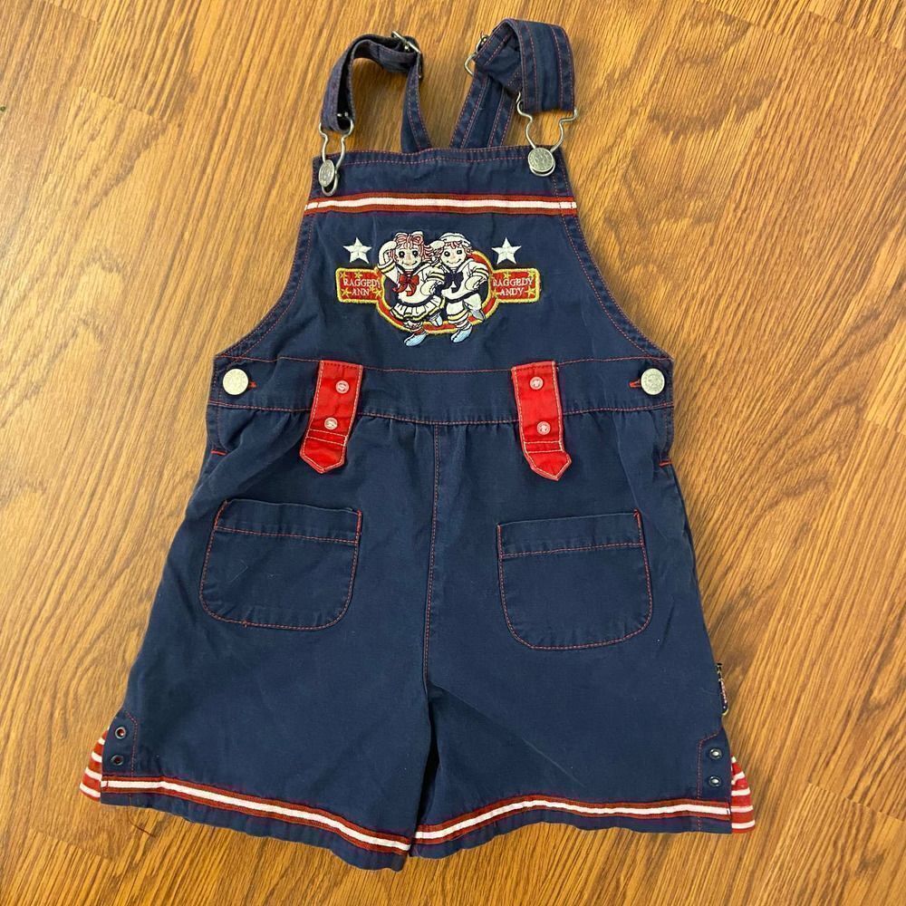 Vintage Raggedy Ann & Andy Navy Shortall Bibs Size 3T